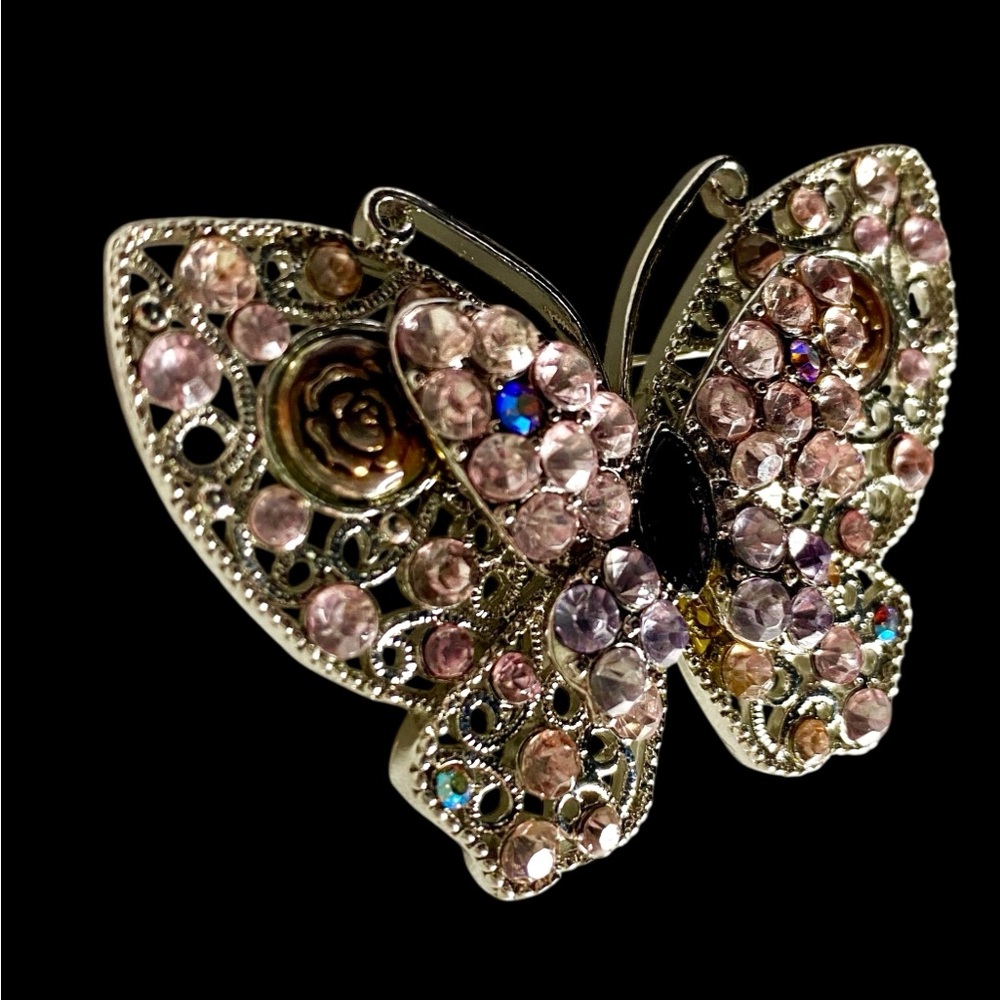 Butterfly Brooch Multi Color Rhinestones GoldTone Filigree Pin Double Butterfly